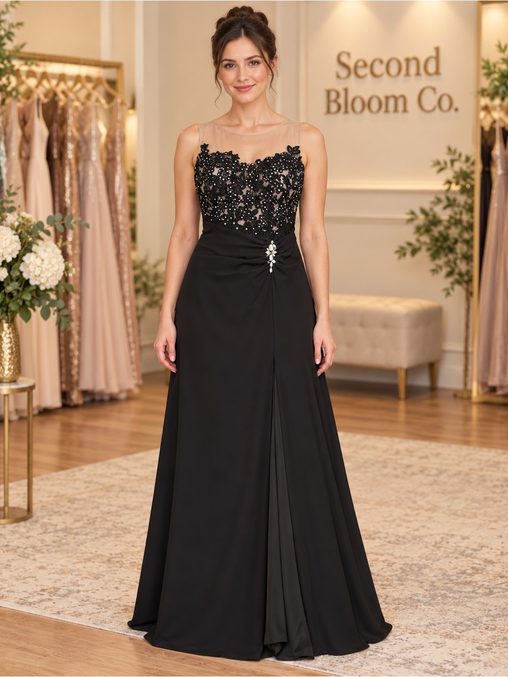 Dancing Queen Size M Black Nude Illusion Lace Beaded Formal Maxi Gown